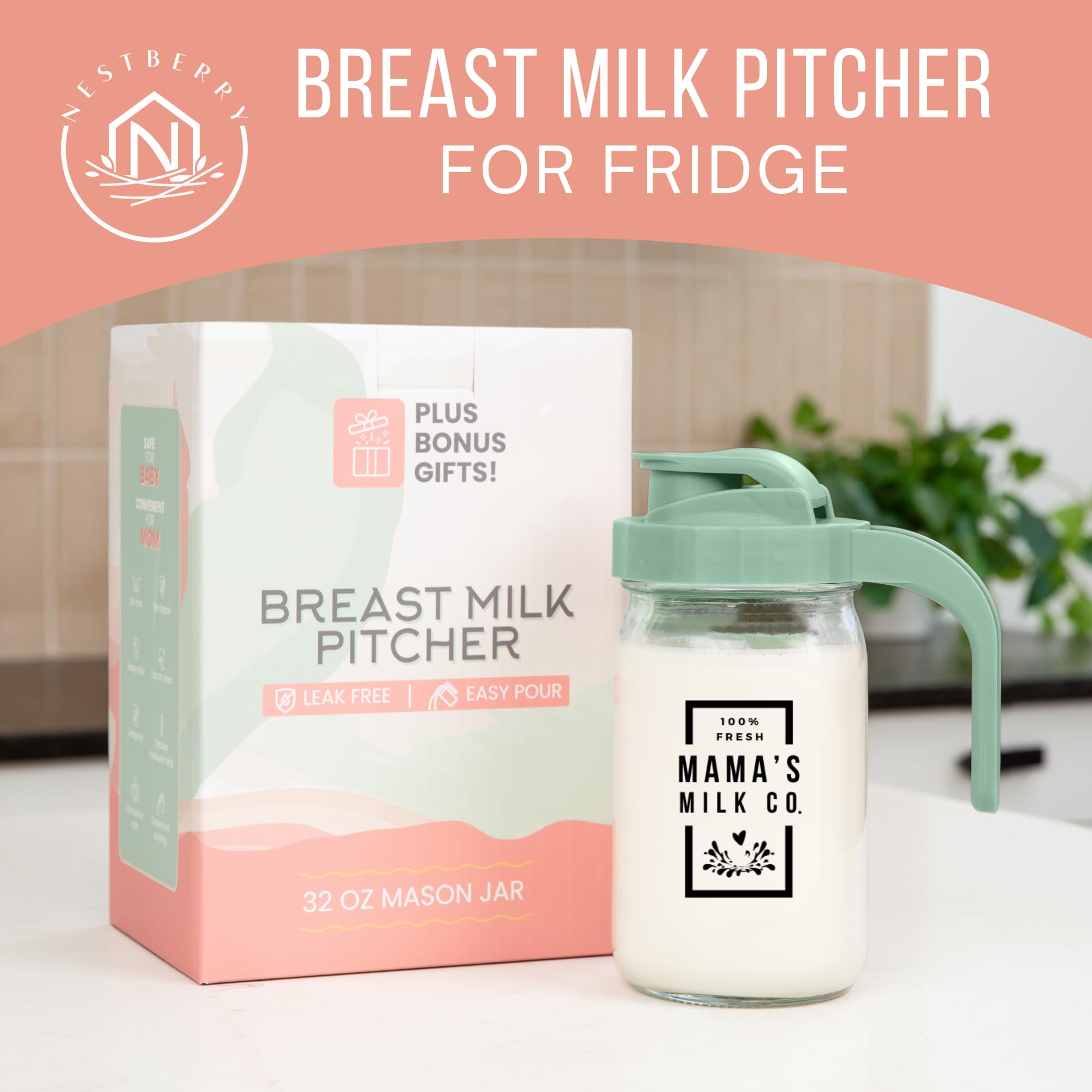 Nestberry glass breastmilk jar with pour-spout for smooth bottle prep.