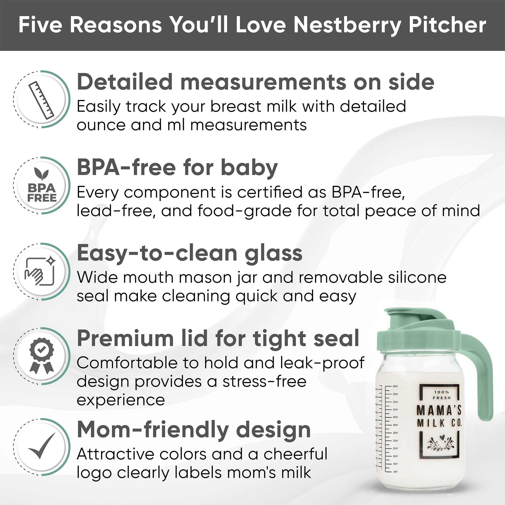 Nestberry pitcher shows measurement scale for accurate milk portioning.