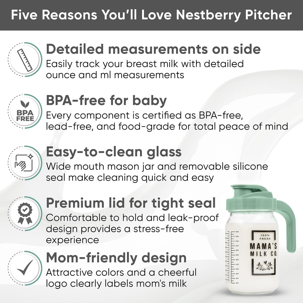Nestberry pitcher shows measurement scale for accurate milk portioning.