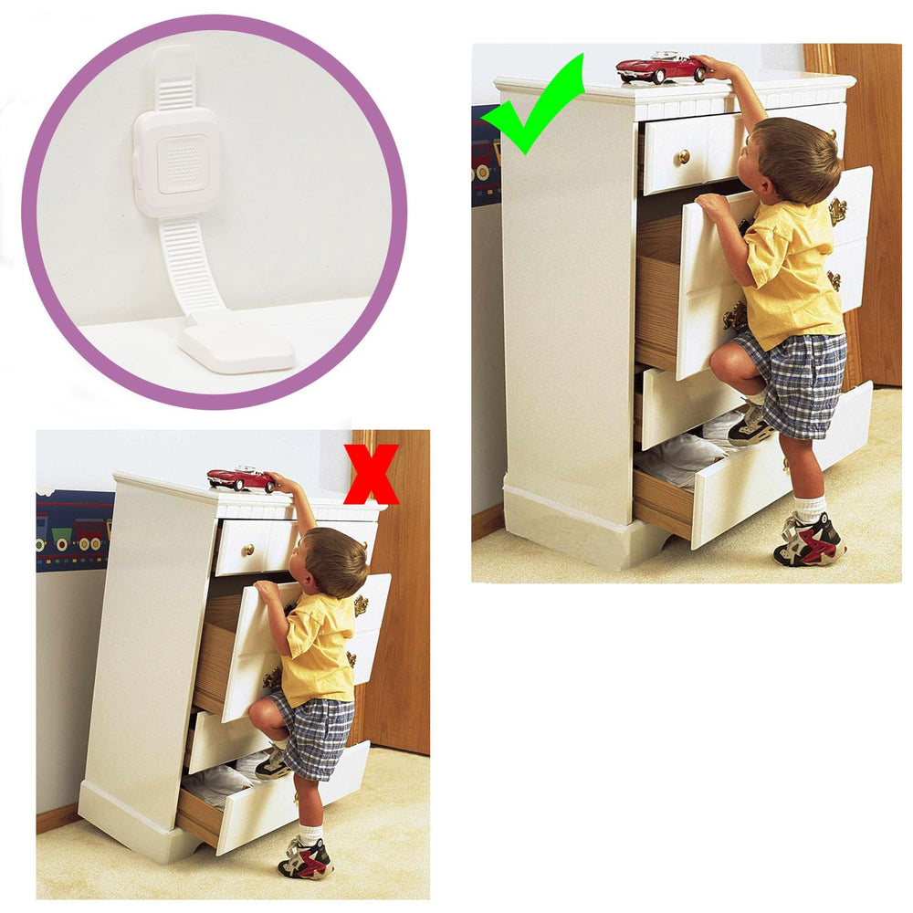 NestGuard adjustable-length adhesive anchor shows versatile fit for many furniture sizes.
