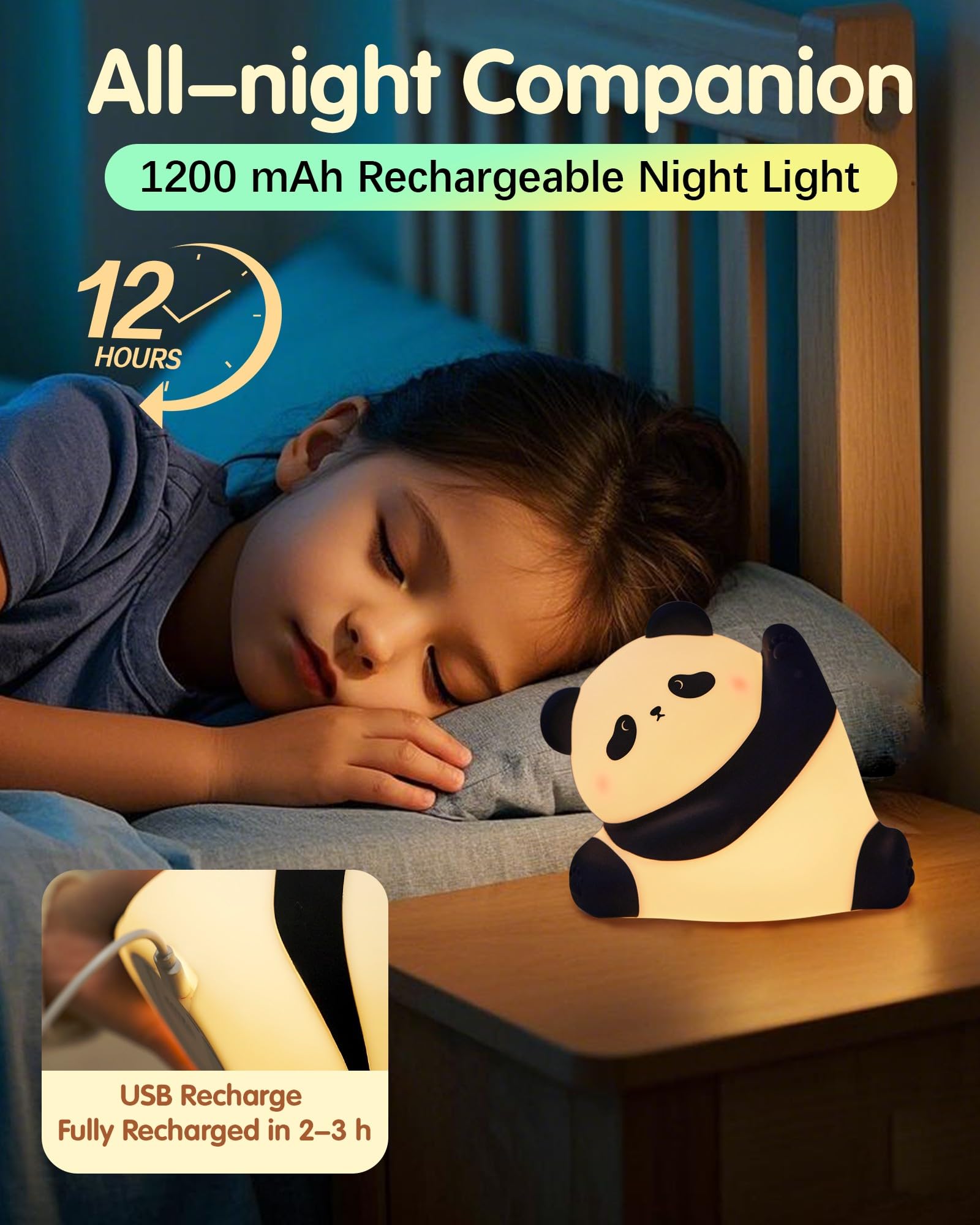 NesveCit Panda Night Light during charging with USB cable.