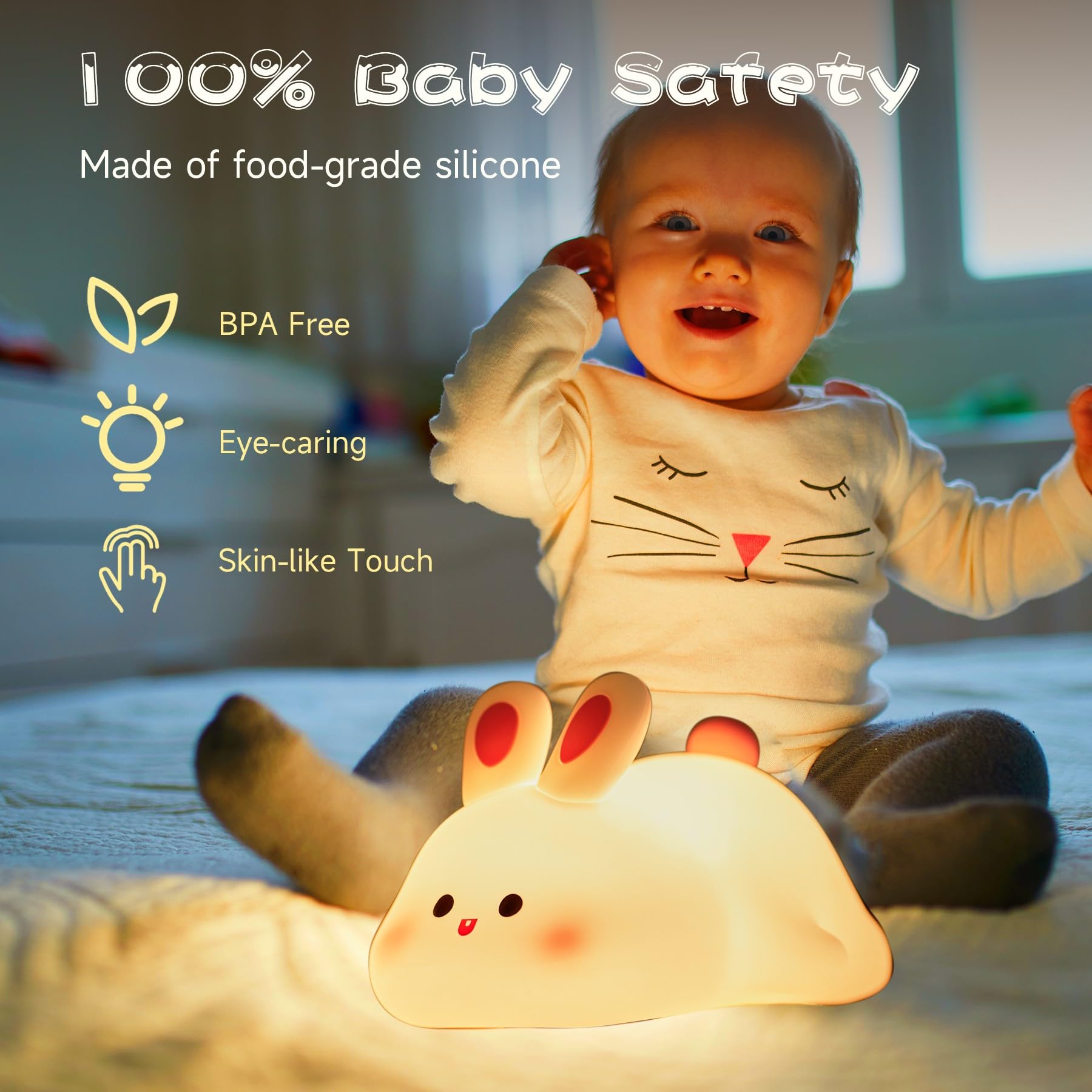 NesveCit silicone bunny night light with touch control for easy dimming.