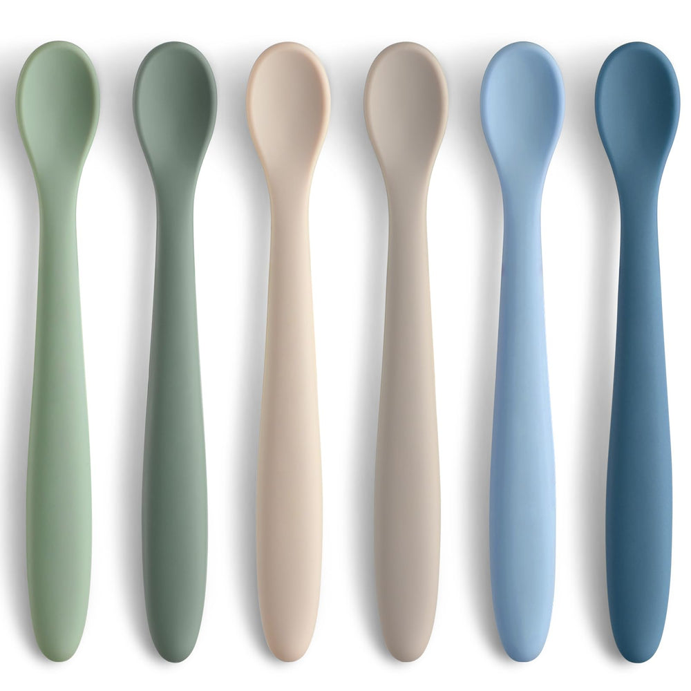 NETANY six-piece silicone baby spoons with soft tips for gentle stage-1 feeding.