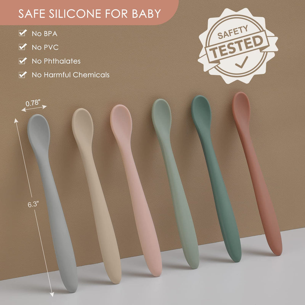Close-up of soft-tip spoons highlighting safe, baby-friendly silicone material.