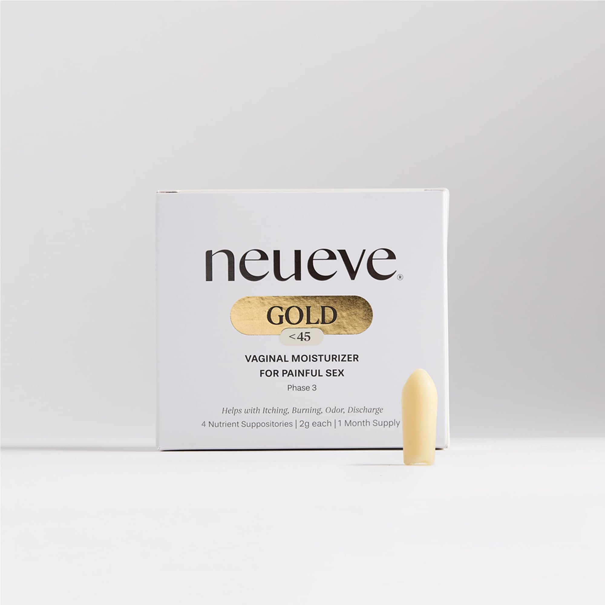 NeuEve Gold Age packaging shows a 4-count supply for menopause-friendly care.