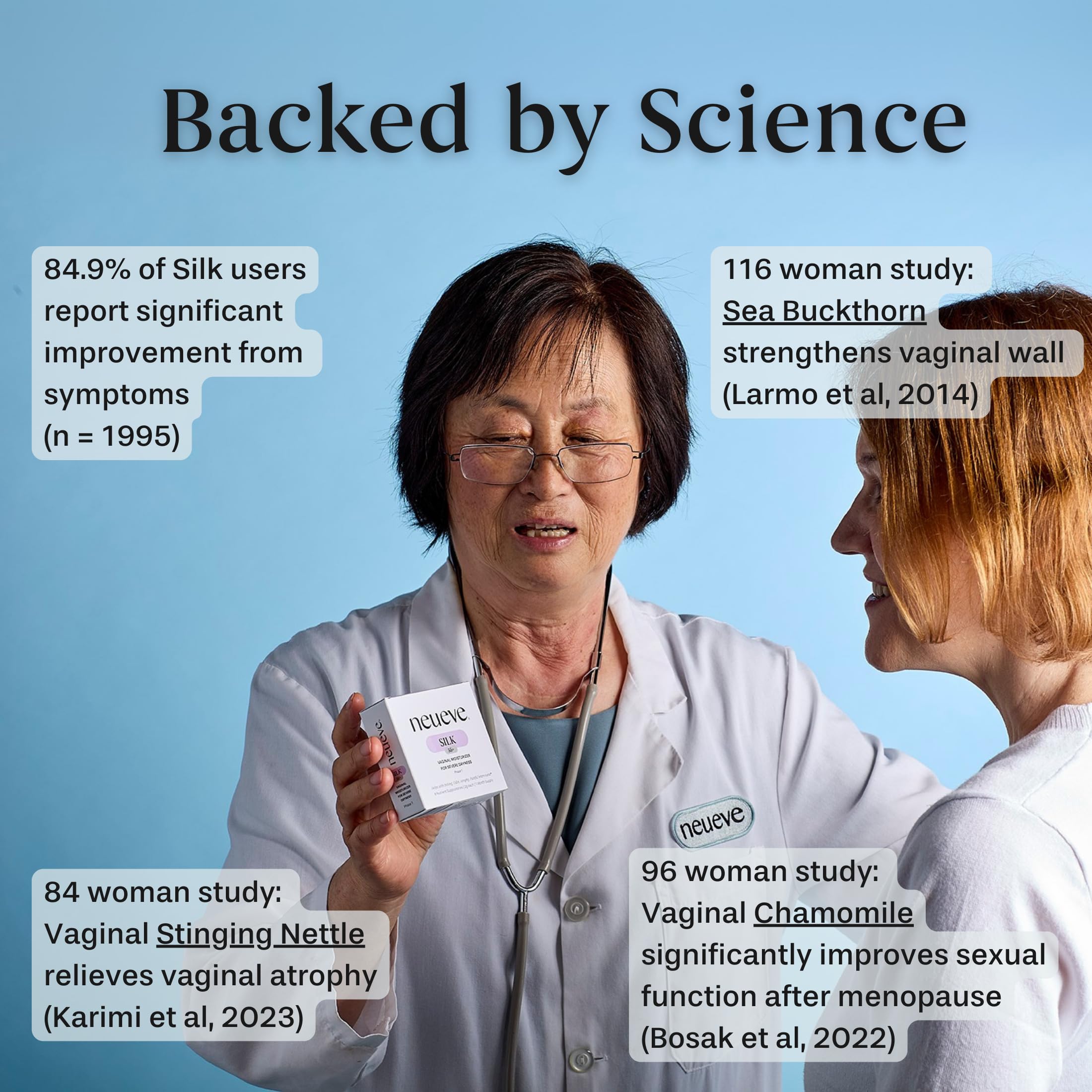 NeuEve Silk Age 55+ ingredients panel emphasizing OB/GYN-formulated nutrients
