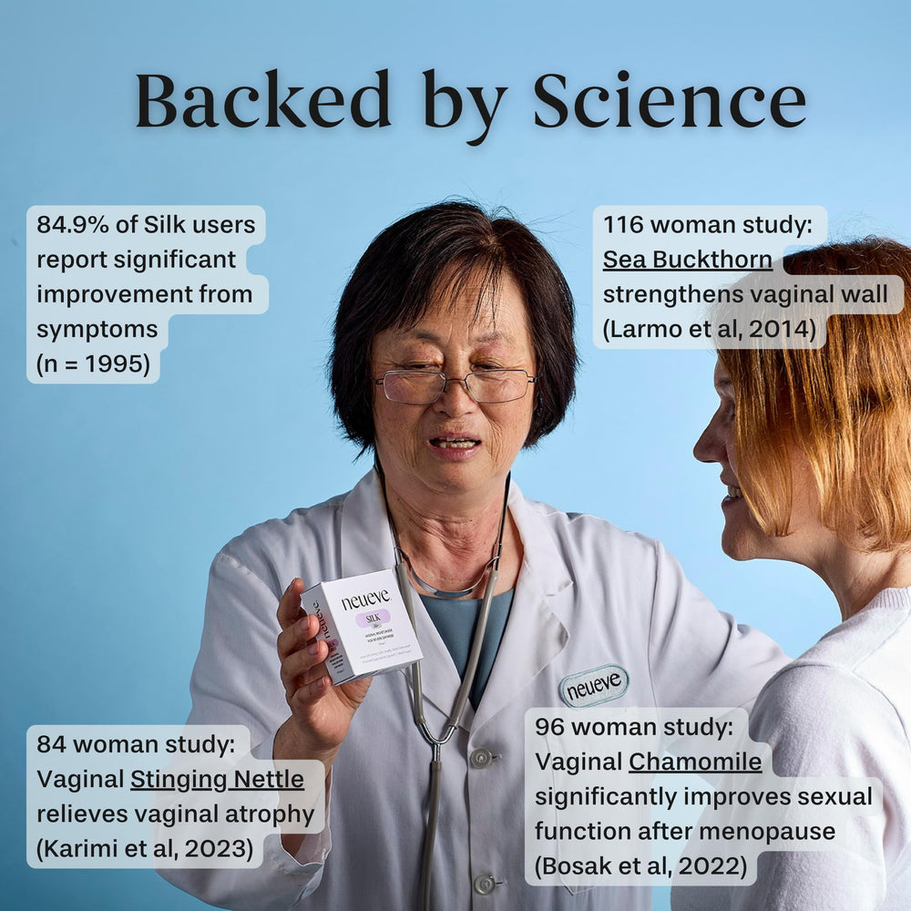 NeuEve Silk Age 55+ ingredients panel emphasizing OB/GYN-formulated nutrients