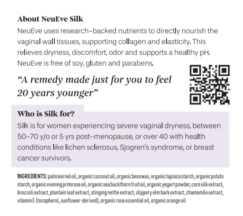 NeuEve Silk Age 55+ product packaging visible for discreet wellness support