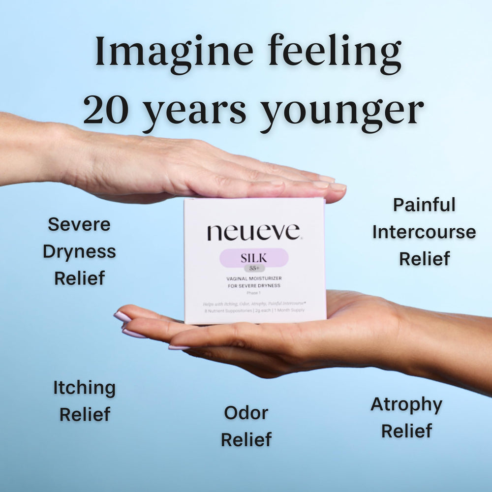 Close-up of NeuEve Silk Age 55+ product tube for on-the-go use
