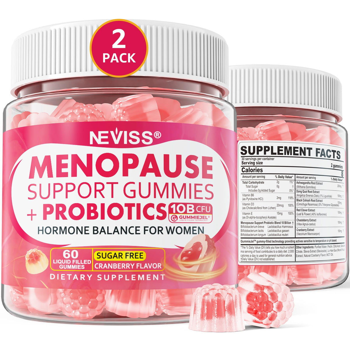 NEVISS Menopause Probiotics Gummies bottle promotes daily comfort with hormone-friendly support
