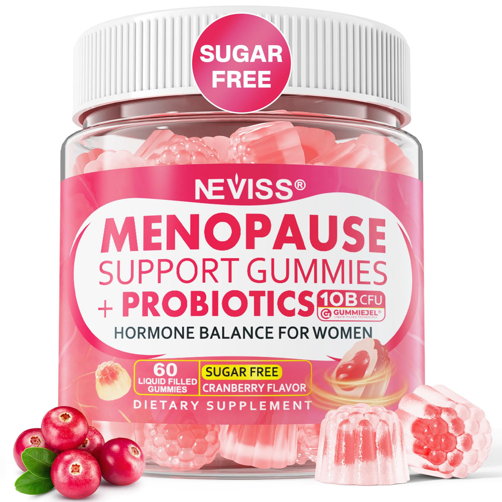 NEVISS sugar-free menopause supplement bottle demonstrating support for hot flashes.