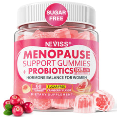 NEVISS sugar-free menopause supplement bottle demonstrating support for hot flashes.