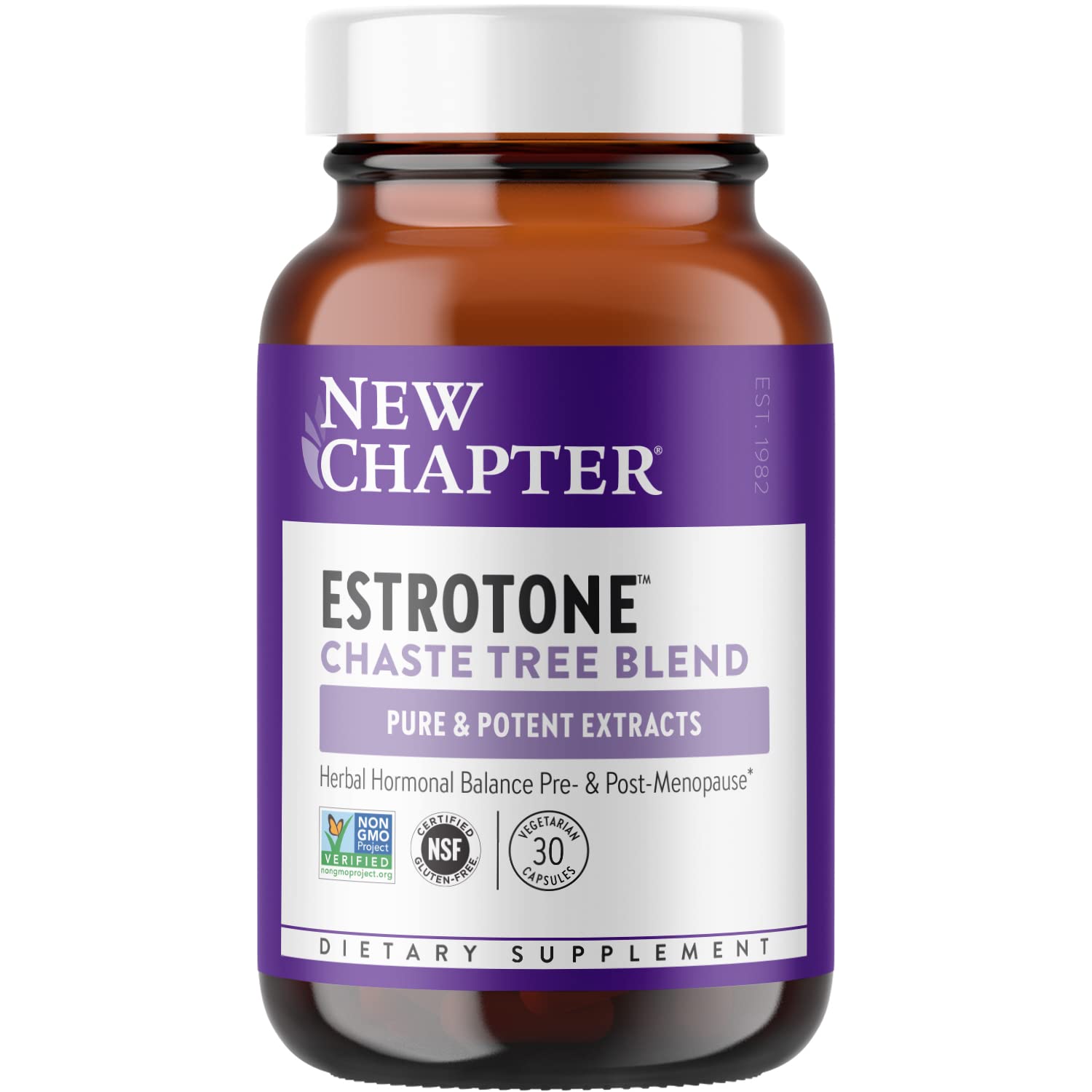 New Chapter Estrotone bottle front showing daily herbal balance for menopause support