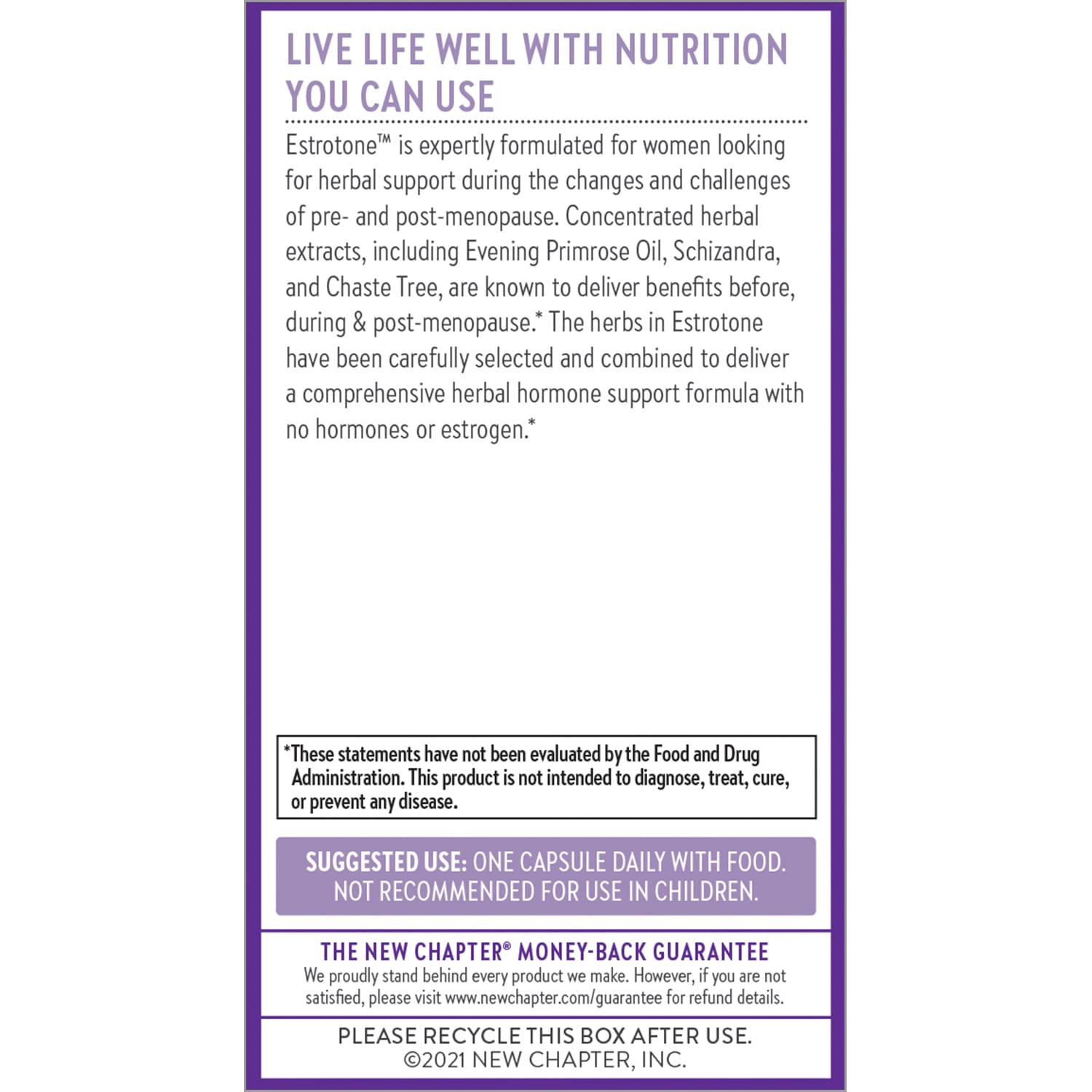 New Chapter Estrotone label nutrition panel notes gluten-free vegetarian formula