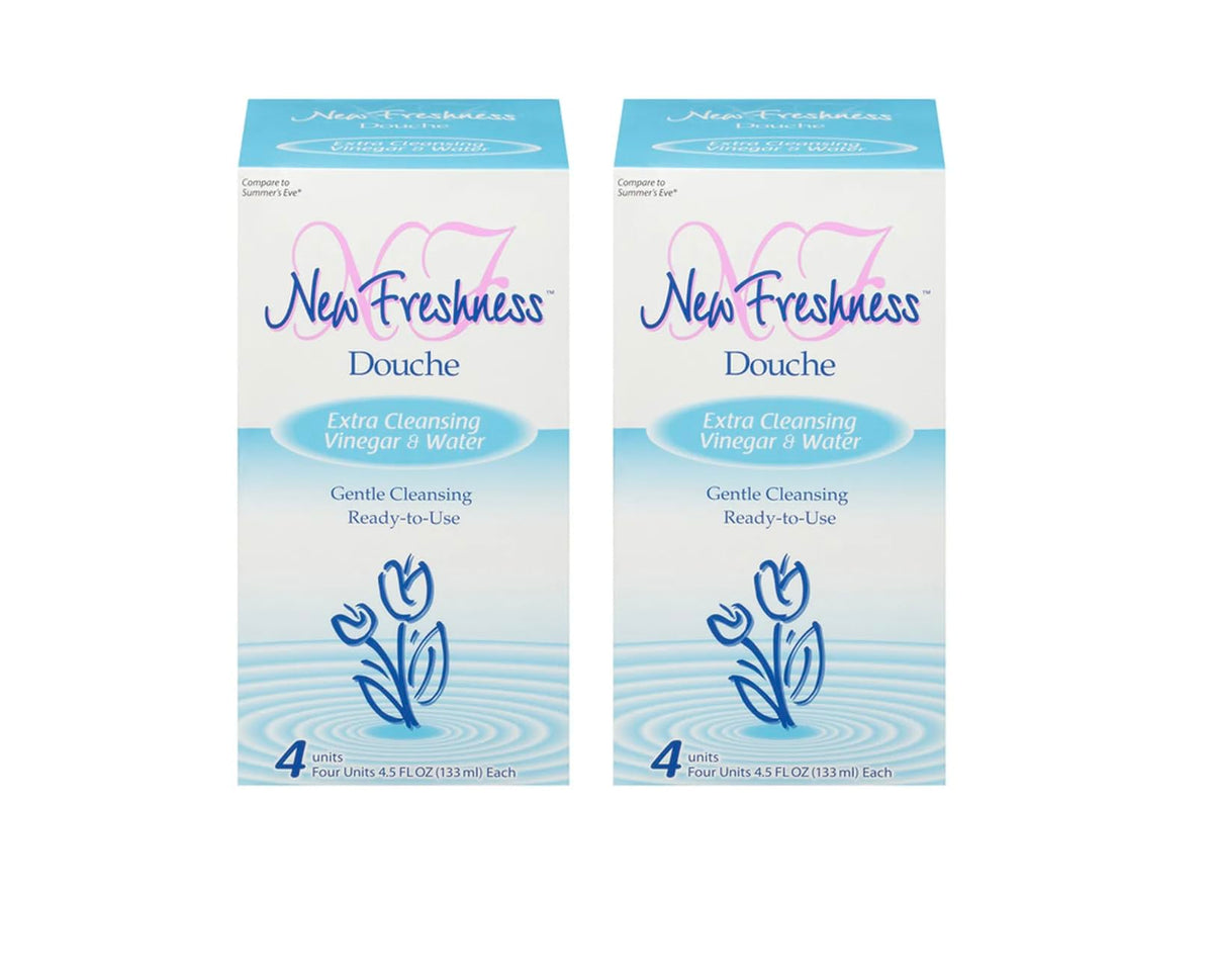 New Freshness Douche bottle pour showing easy, gentle cleansing for intimate care