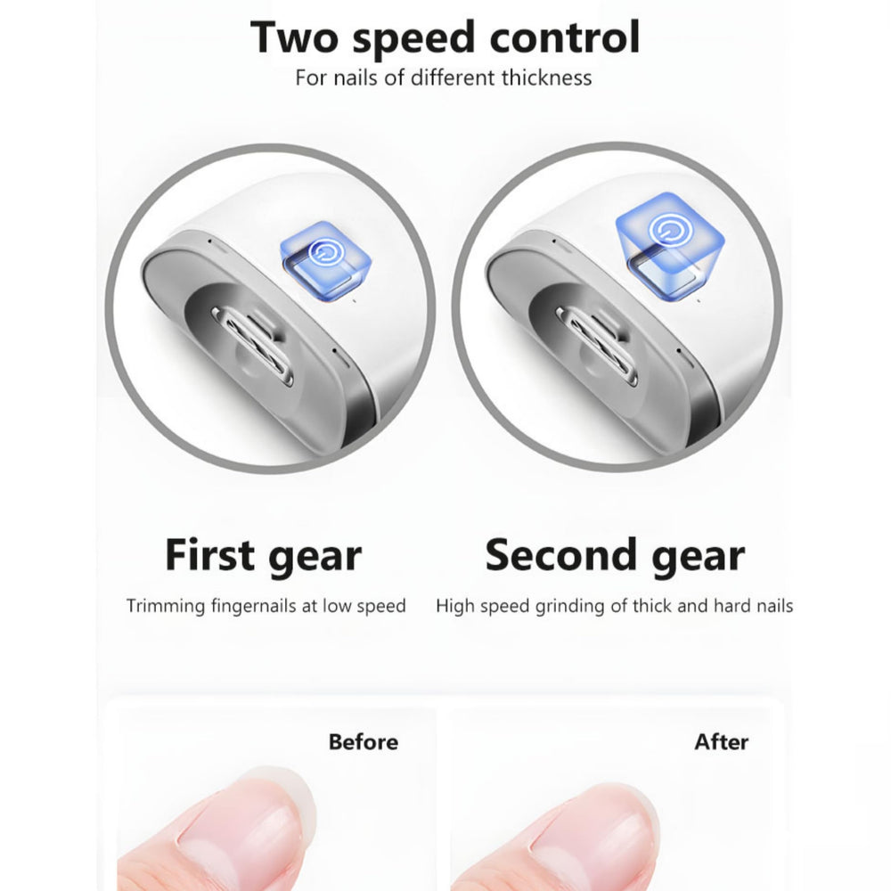 New Rechargeable Electric Nail Clippers showing dual-speed capability for different nail sizes.