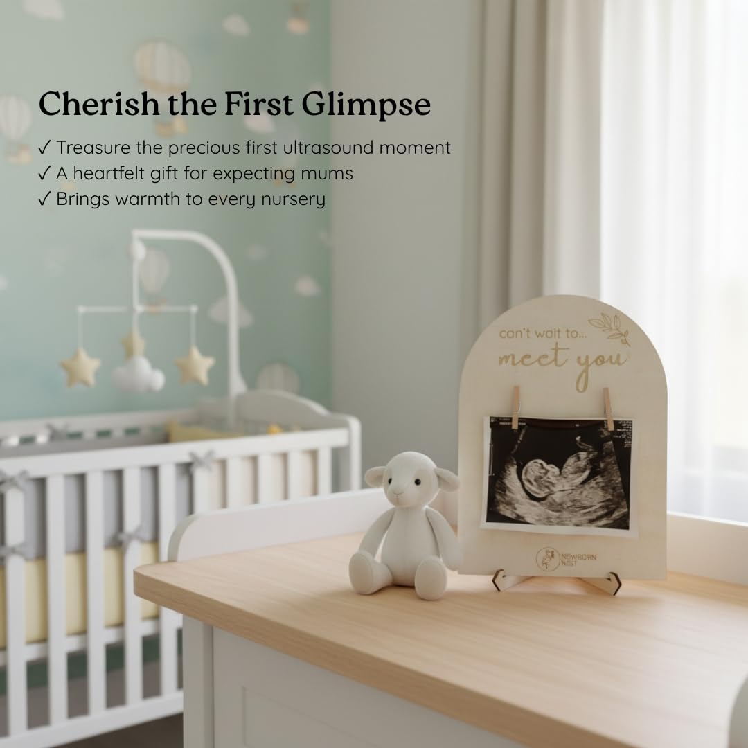 Newborn Nest sturdy easel stand for bedside or shelf display.