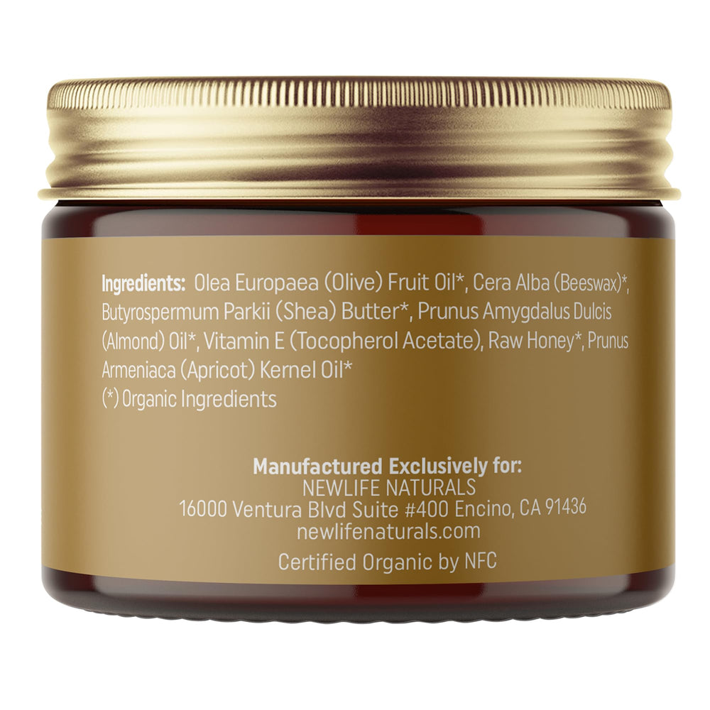 Jar close-up of NewLife Naturals Vulva Balm Butter showing organic USA-made quality
