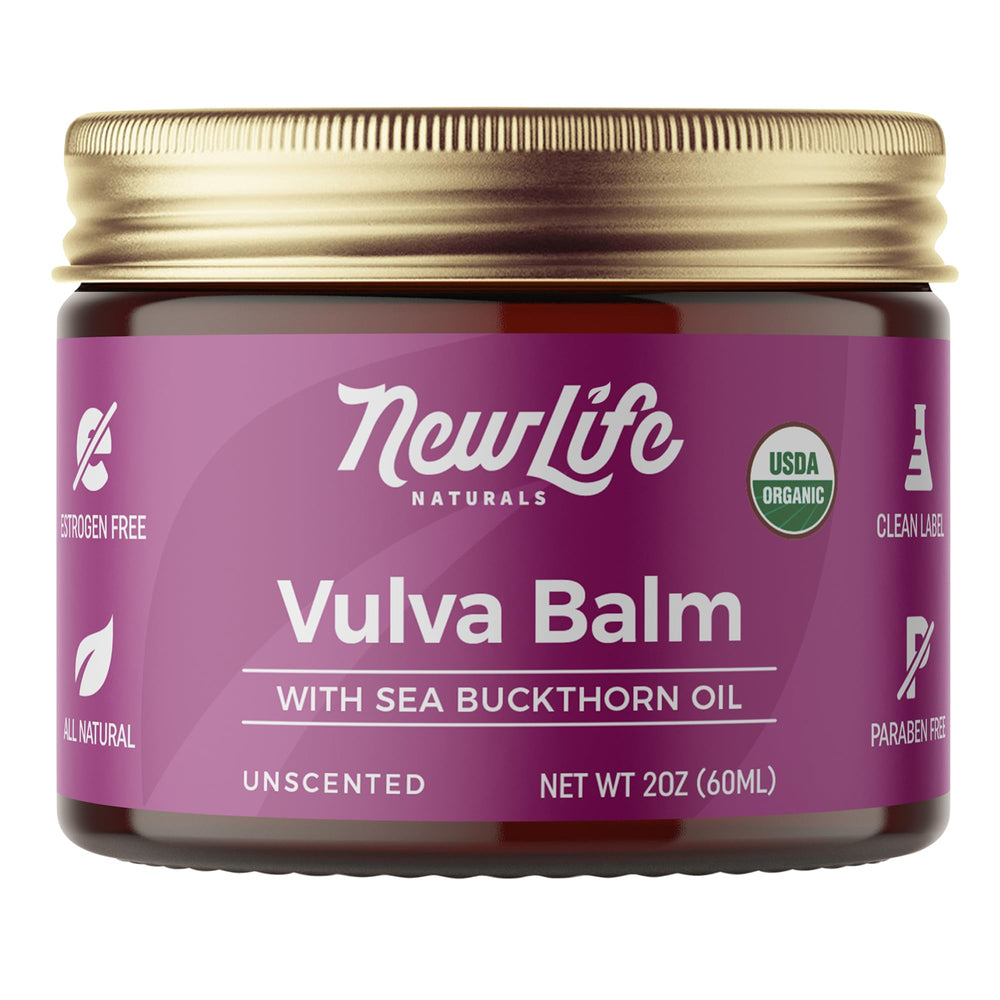 NewLife Naturals vulva balm sea buckthorn bottle showing creamy hydration for external skin comfort
