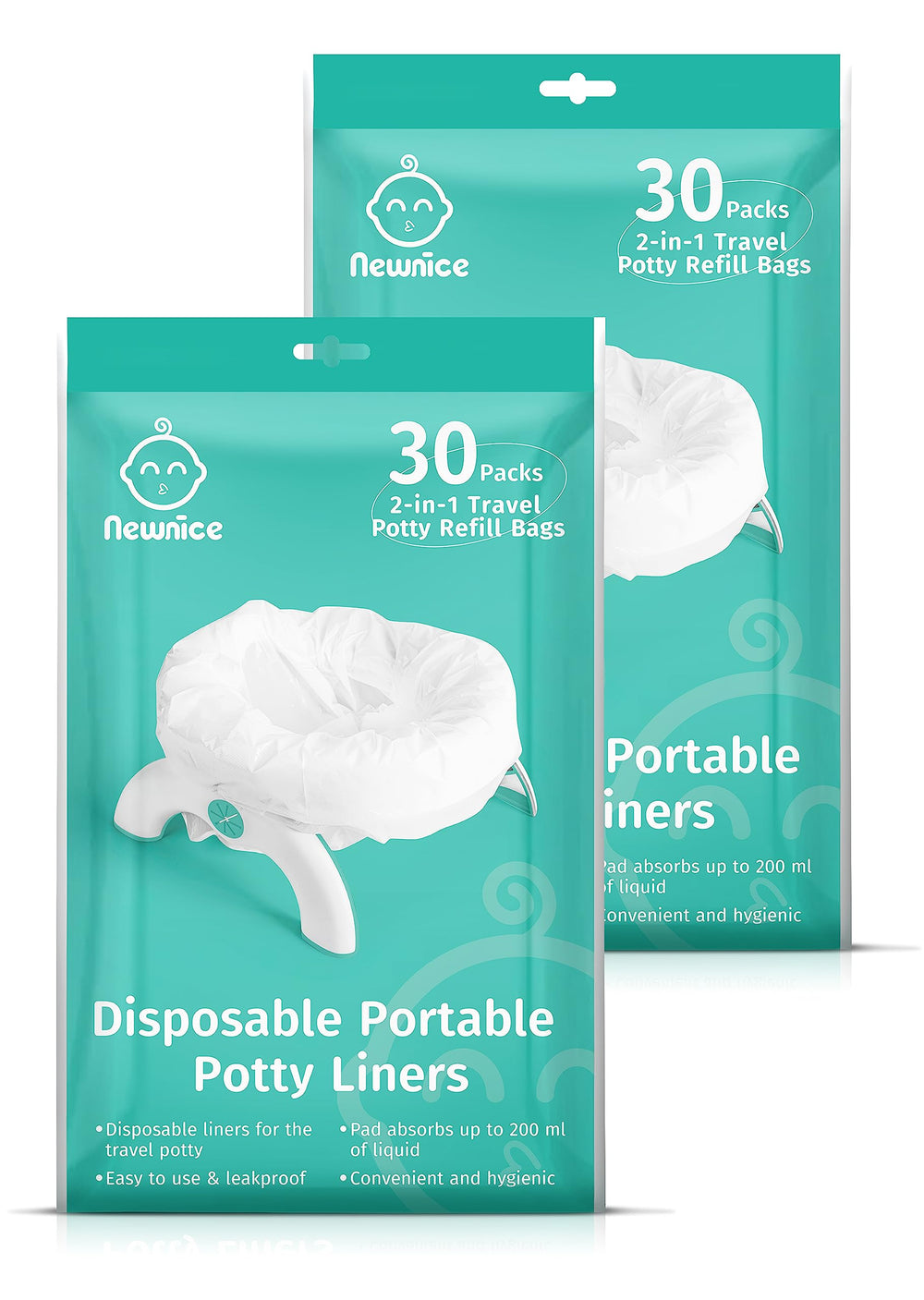 Newnice 60-pack potty liners with absorbent 200ml pad for on the go mess containment.