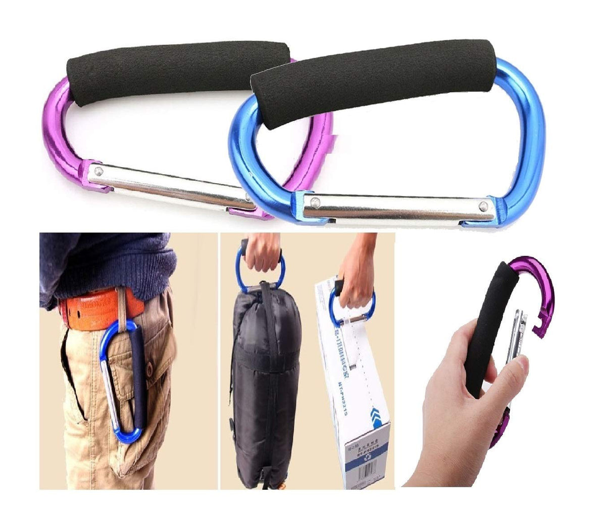 Newraturner large stroller hooks in blue and purple for secure bag hanging