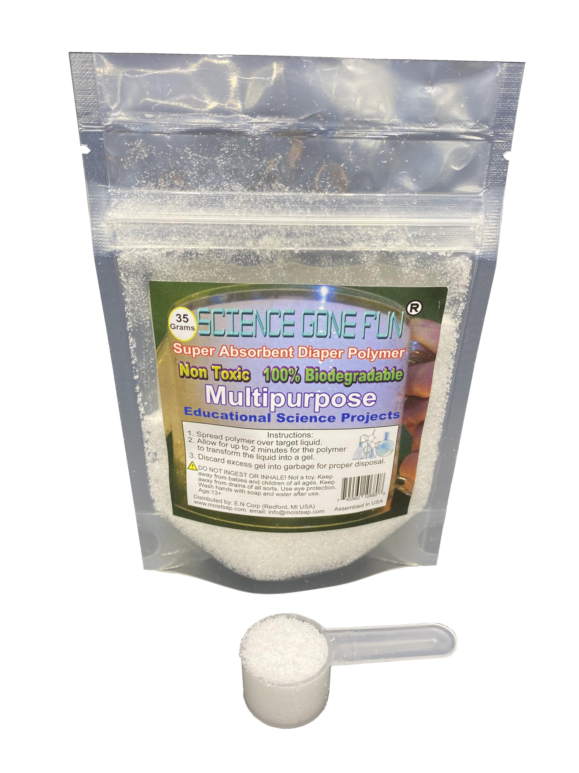 Newsorb sodium polyacrylate powder close view, ideal for science demonstrations