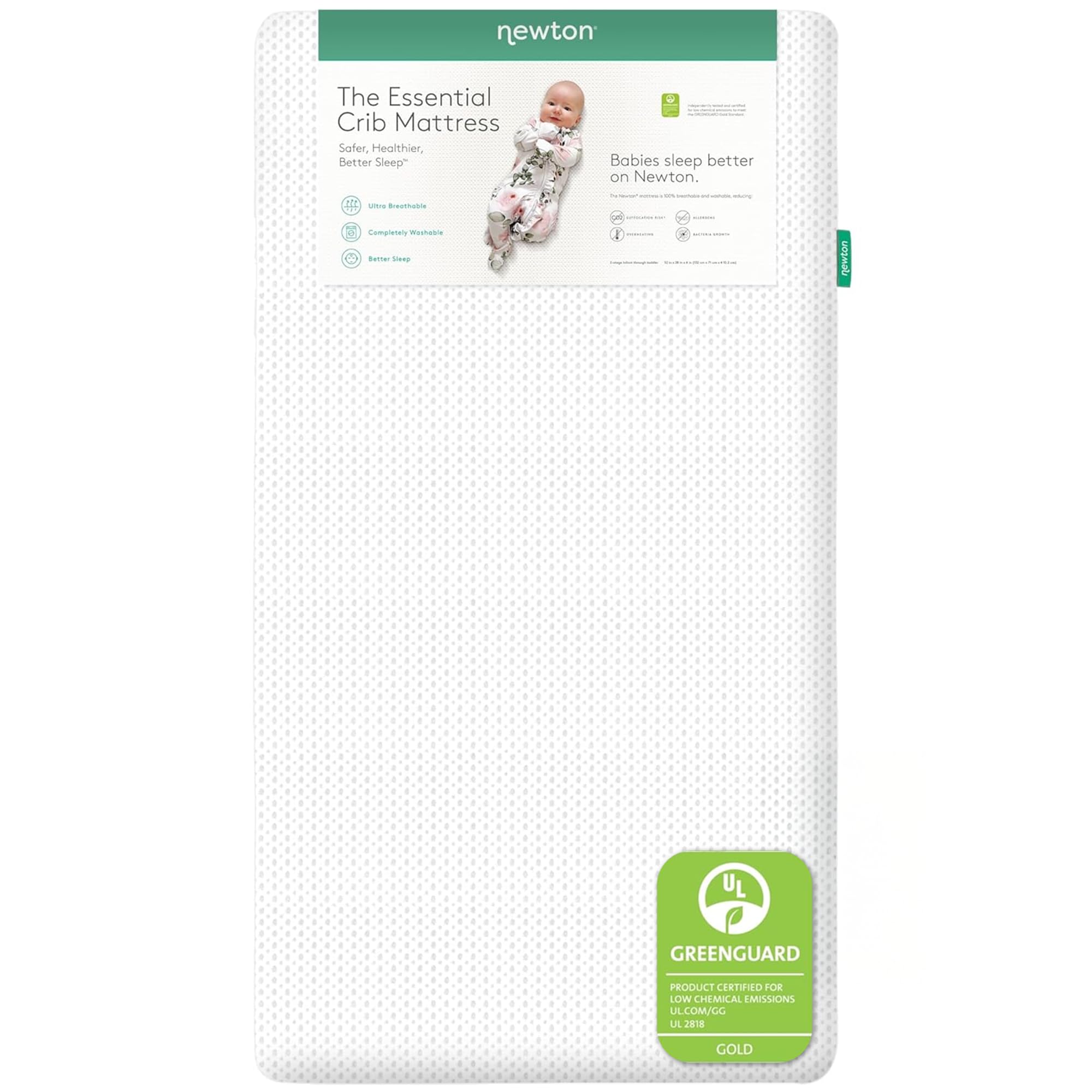 Newton Baby Essential crib mattress core shown with breathable design for cooler sleep.