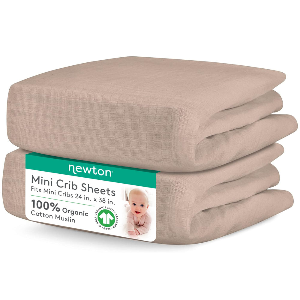 Newton Baby fitted mini crib sheets in clay, 2-pack, breathable and snug for mini cribs.