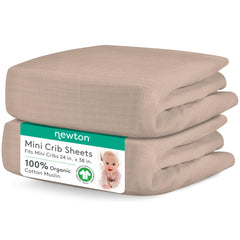 Newton Baby fitted mini crib sheets in clay, 2-pack, breathable and snug for mini cribs.