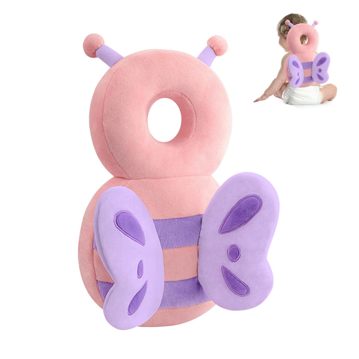 Newvenper baby head protector backpack with pink butterfly face cushions gentle bumps during walks