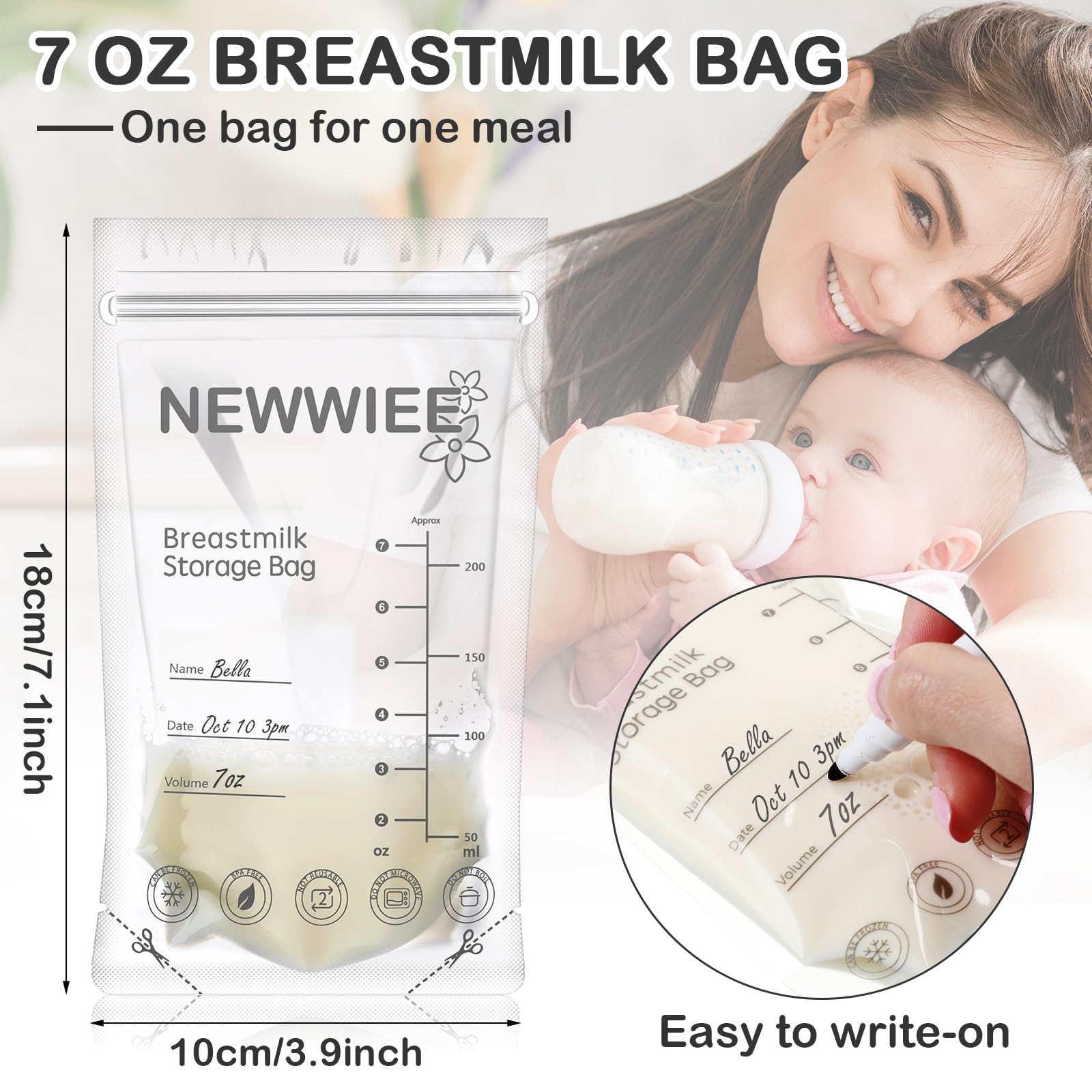 Newwiee breastmilk bags with double-seal side seams to prevent leaks.