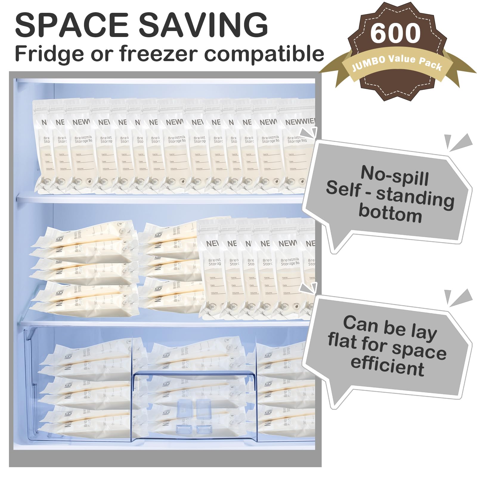 Newwiee 7 oz storage bags keep milk safely stored in freezer and fridge.