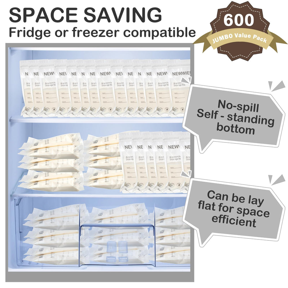 Newwiee 7 oz storage bags keep milk safely stored in freezer and fridge.