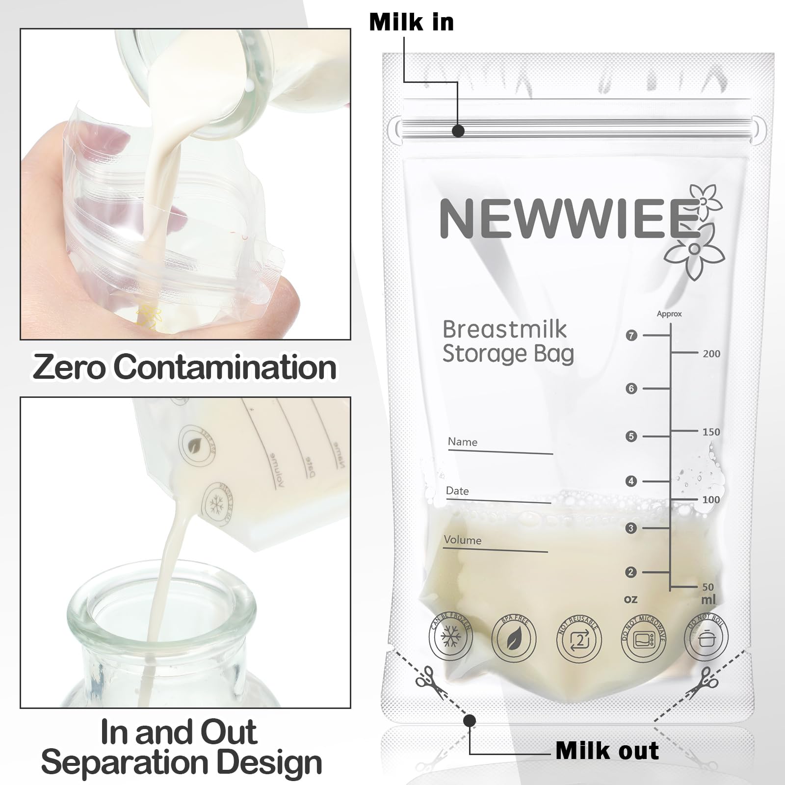 Newwiee bags feature writable labels for dating and tracking milk.