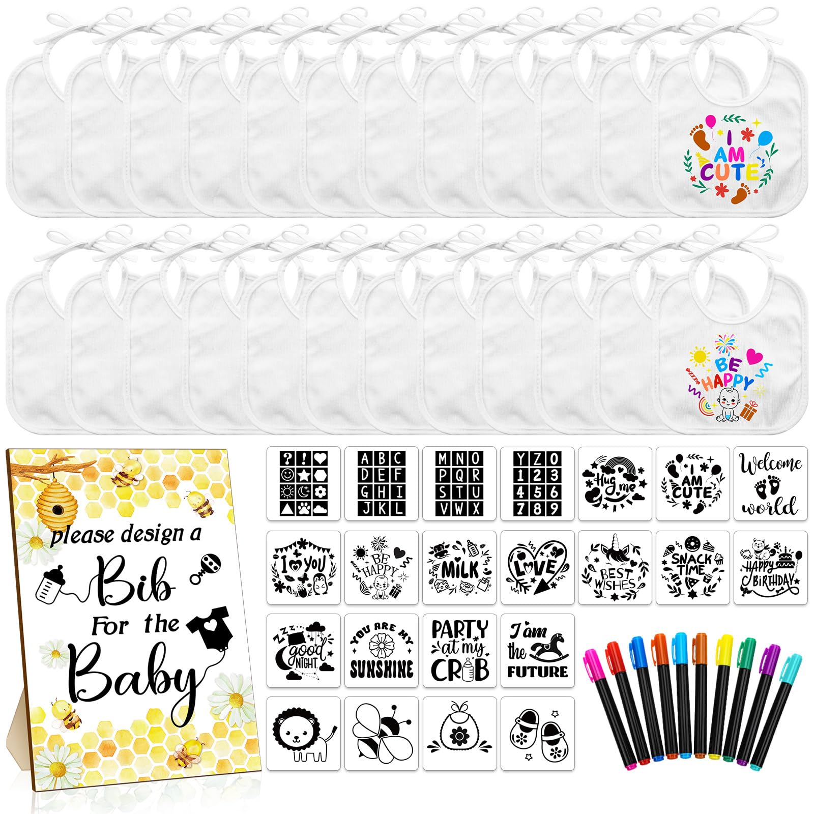 Newwiee baby bibs decorating set shows white bibs ready for personalized designs and keepsake gifts.