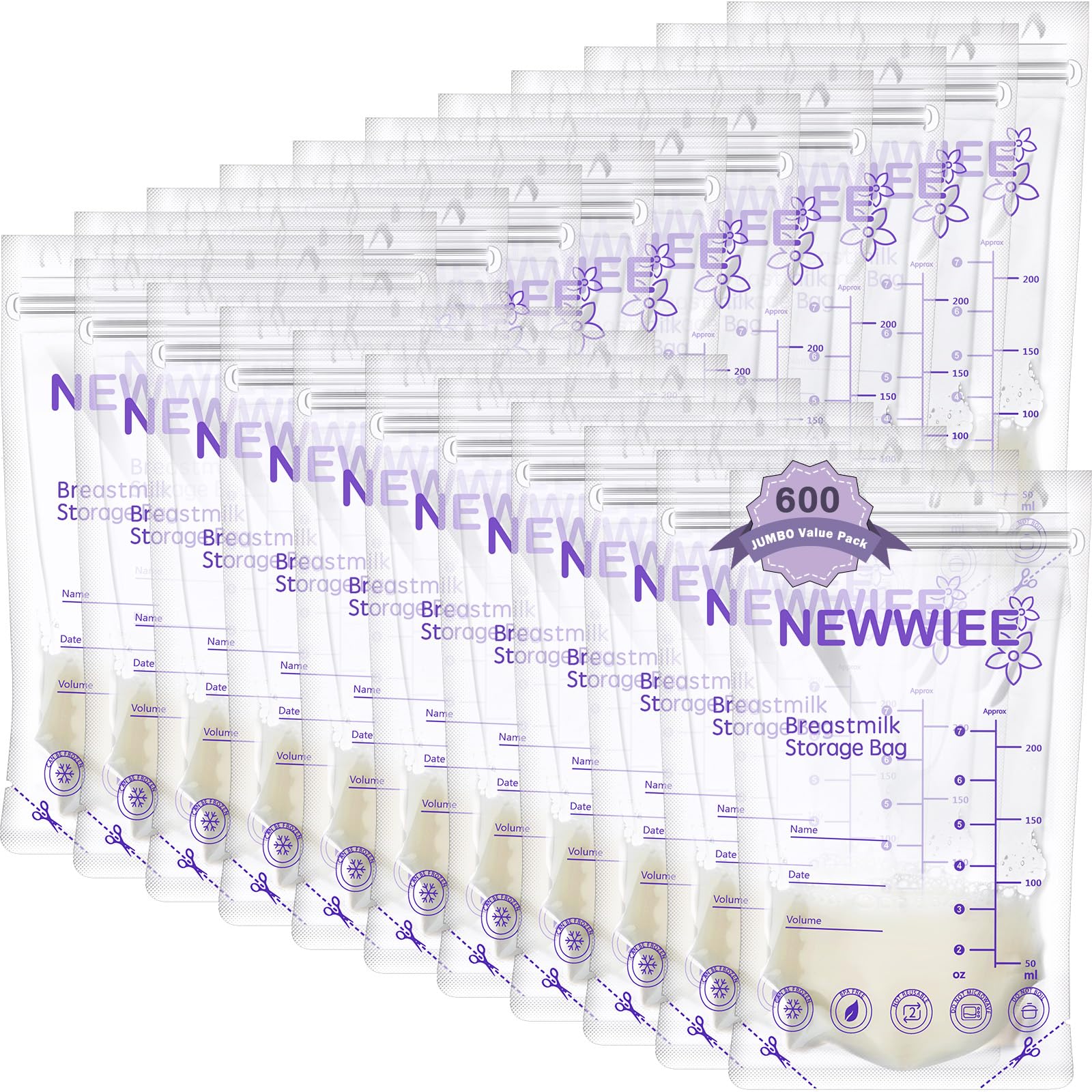 Newwiee 7oz breastmilk bags in a 600-count purple pack for organized fridge storage.