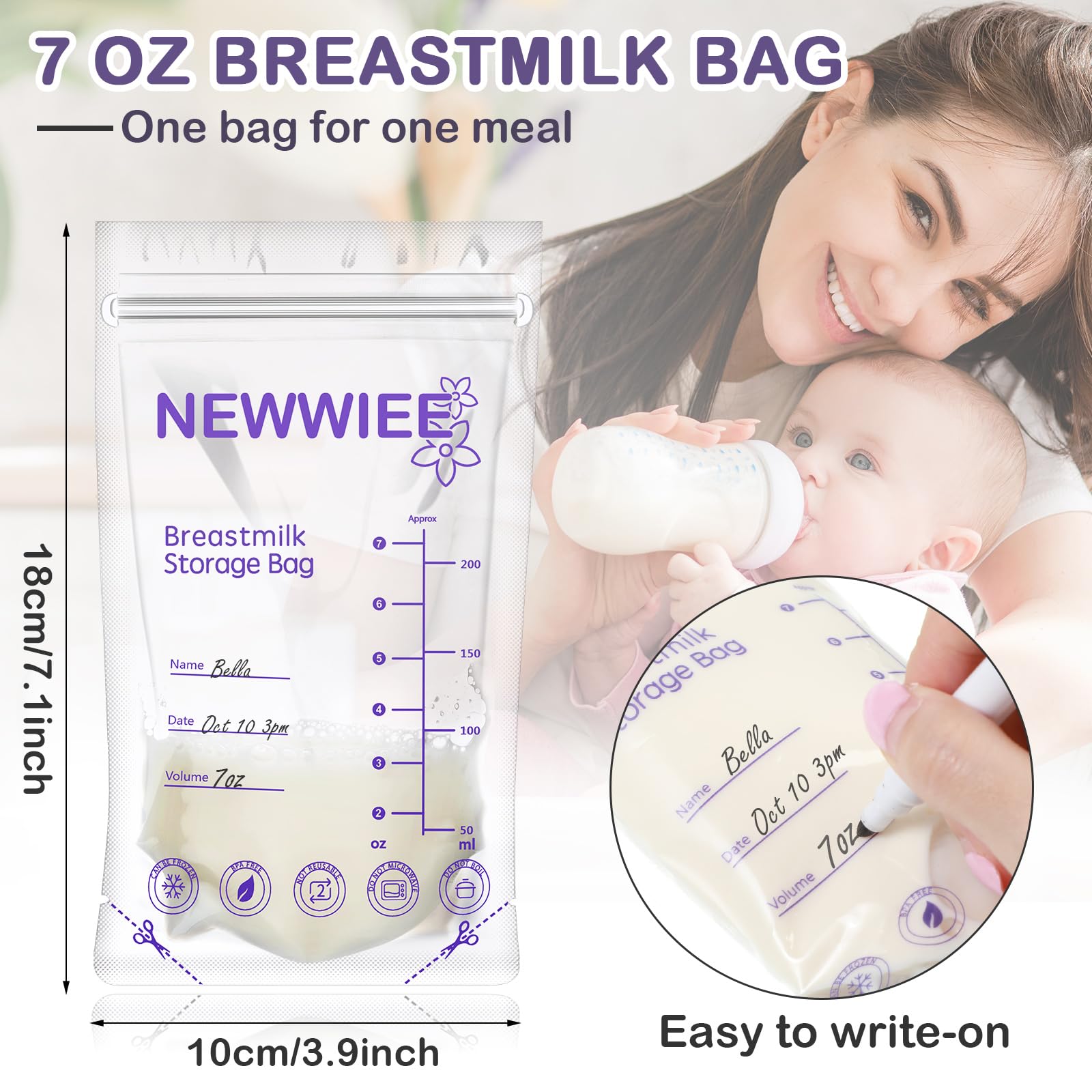 Newwiee breastmilk bags with double seal to prevent leaks during storage.