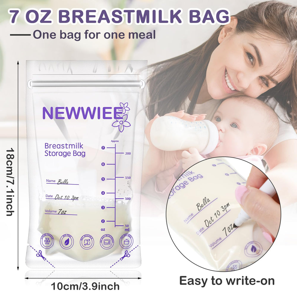Newwiee breastmilk bags with double seal to prevent leaks during storage.