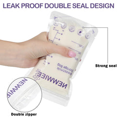 Newwiee bags with writable labels for dates and times on milk storage.