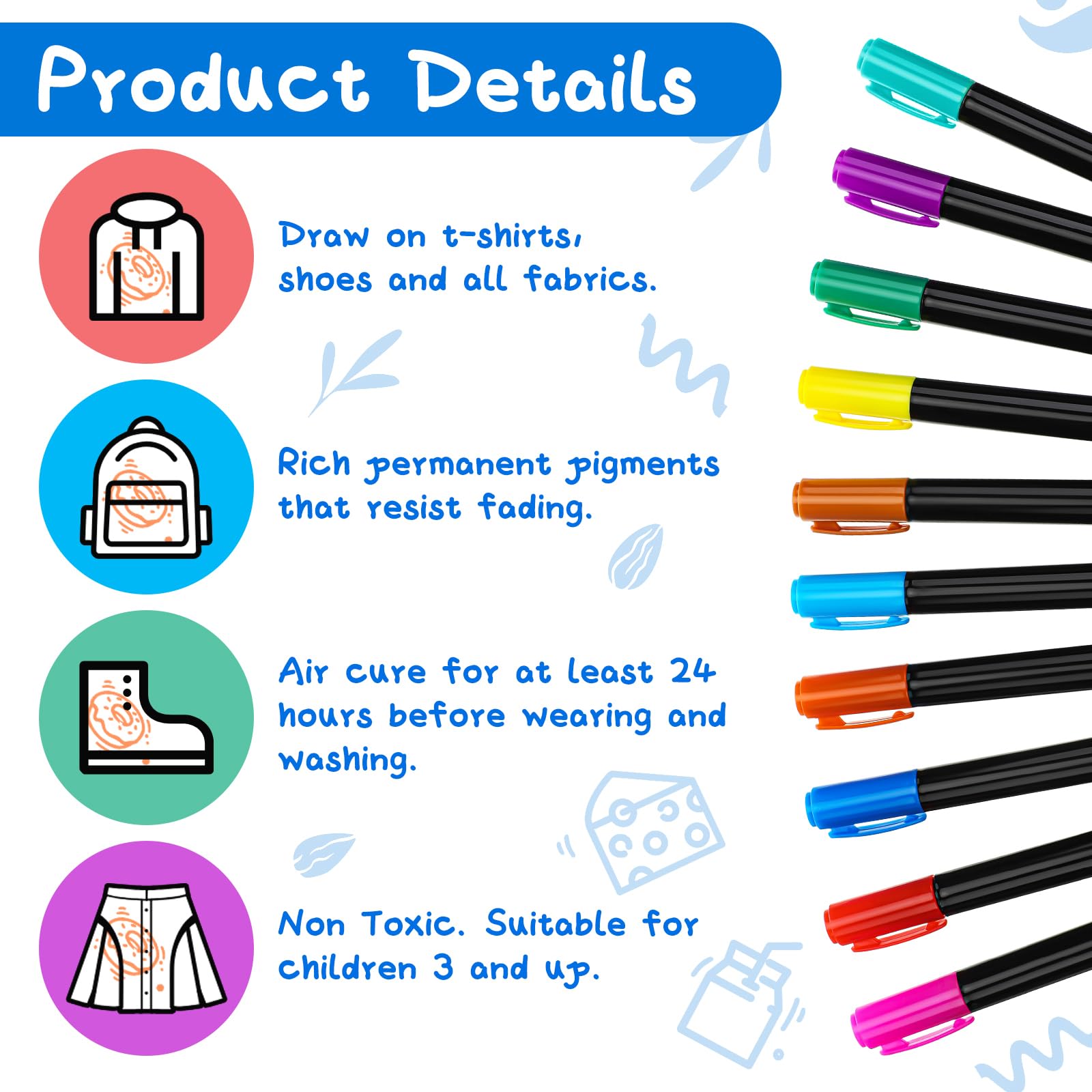 Newwiee fabric markers quickly dry for long-lasting designs.
