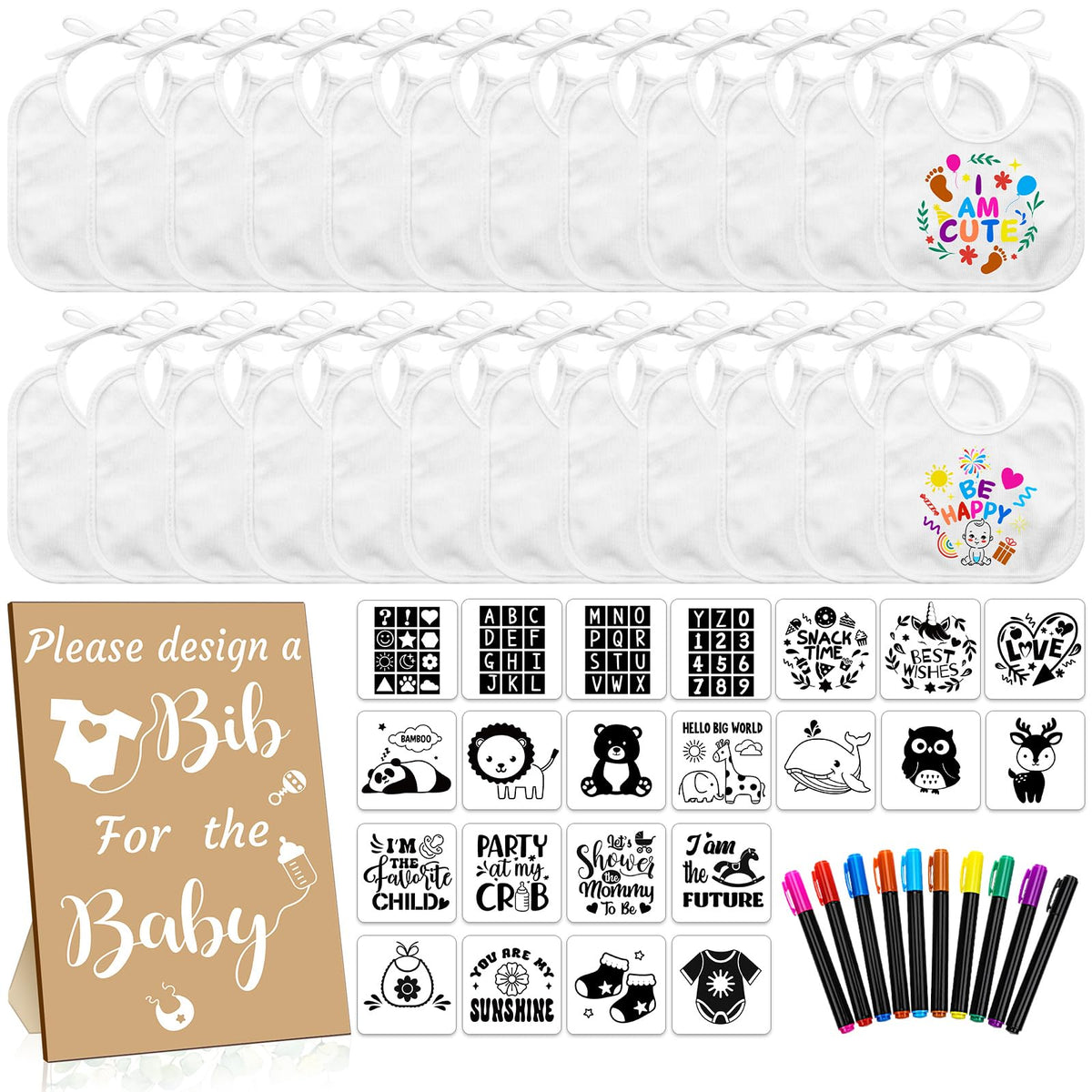 Newwiee white bibs ready for decorating with DIY patterns for personalized gifts.