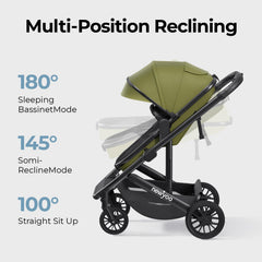 The newyoo Nestro 516M features smooth 360-degree wheels and advanced suspension for a comfy stroll.