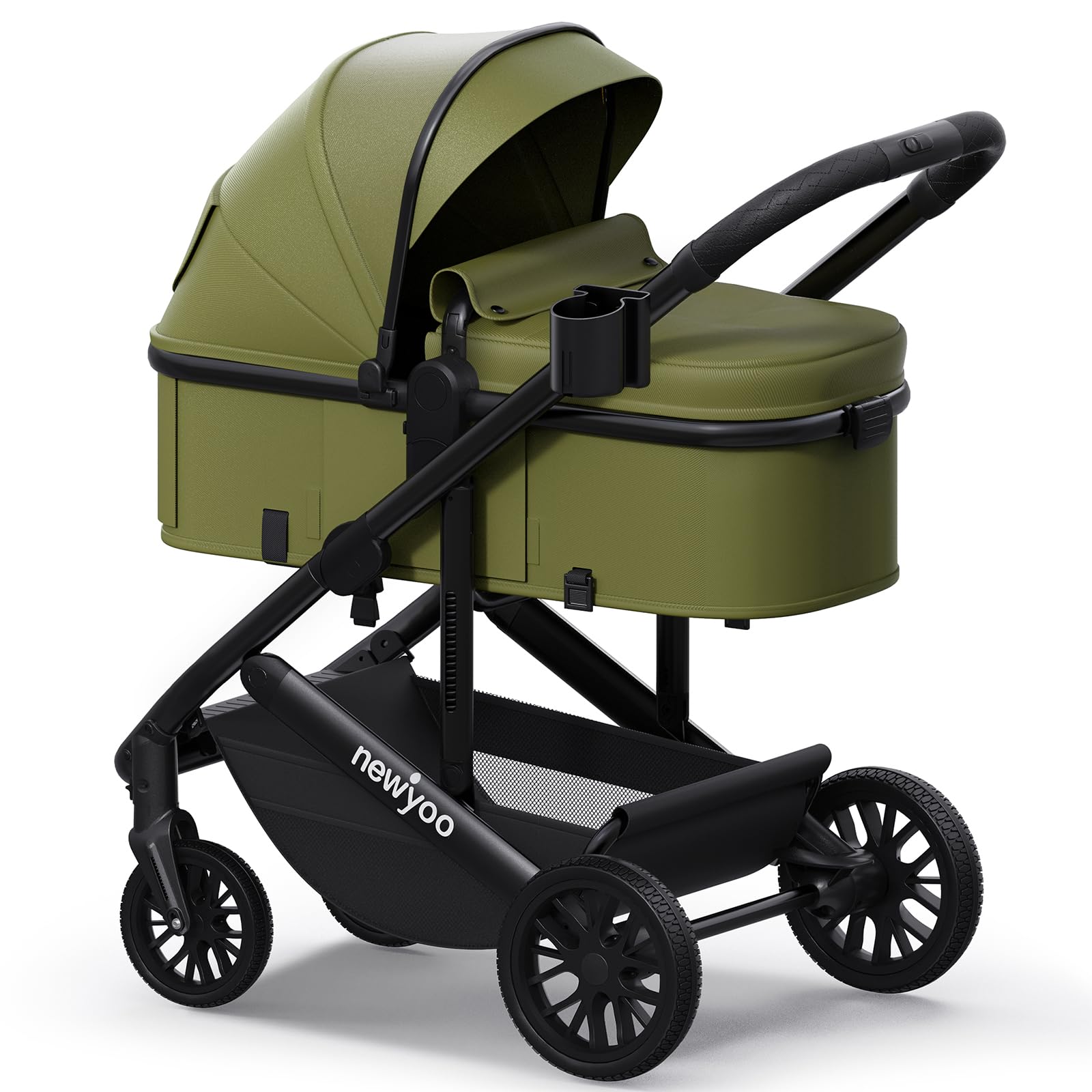 The newyoo Nestro 516M bassinet mode offers a secure, flat sleep-ready position for newborns.