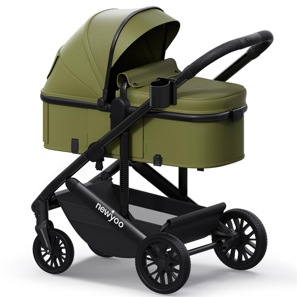 The newyoo Nestro 516M bassinet mode offers a secure, flat sleep-ready position for newborns.