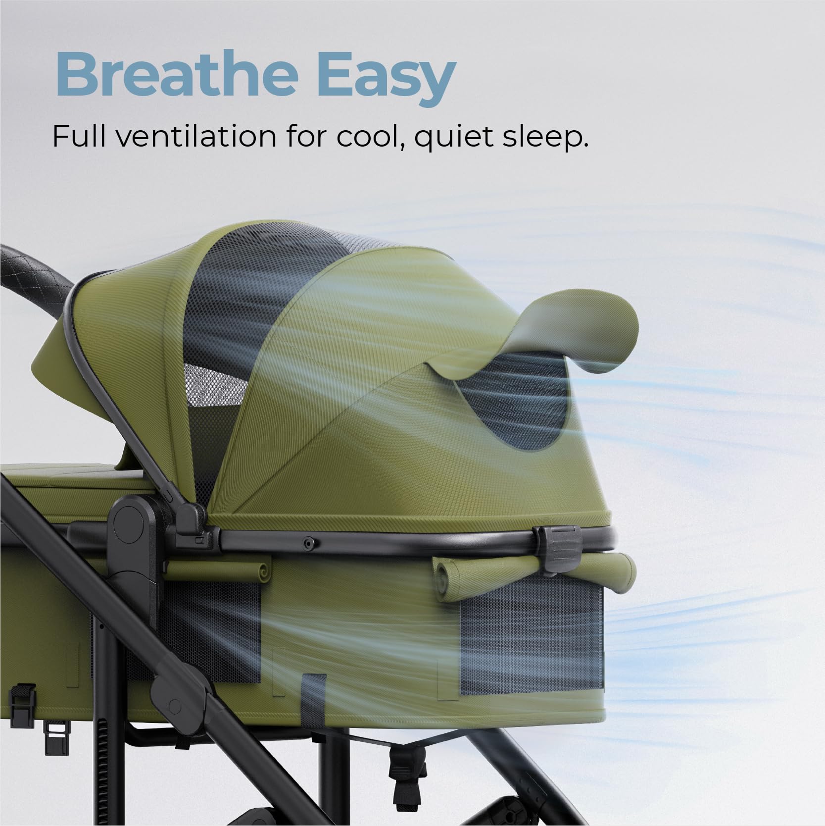 The newyoo Nestro 516M zip-out canopy with ventilation panels shields from sun while promoting airflow.