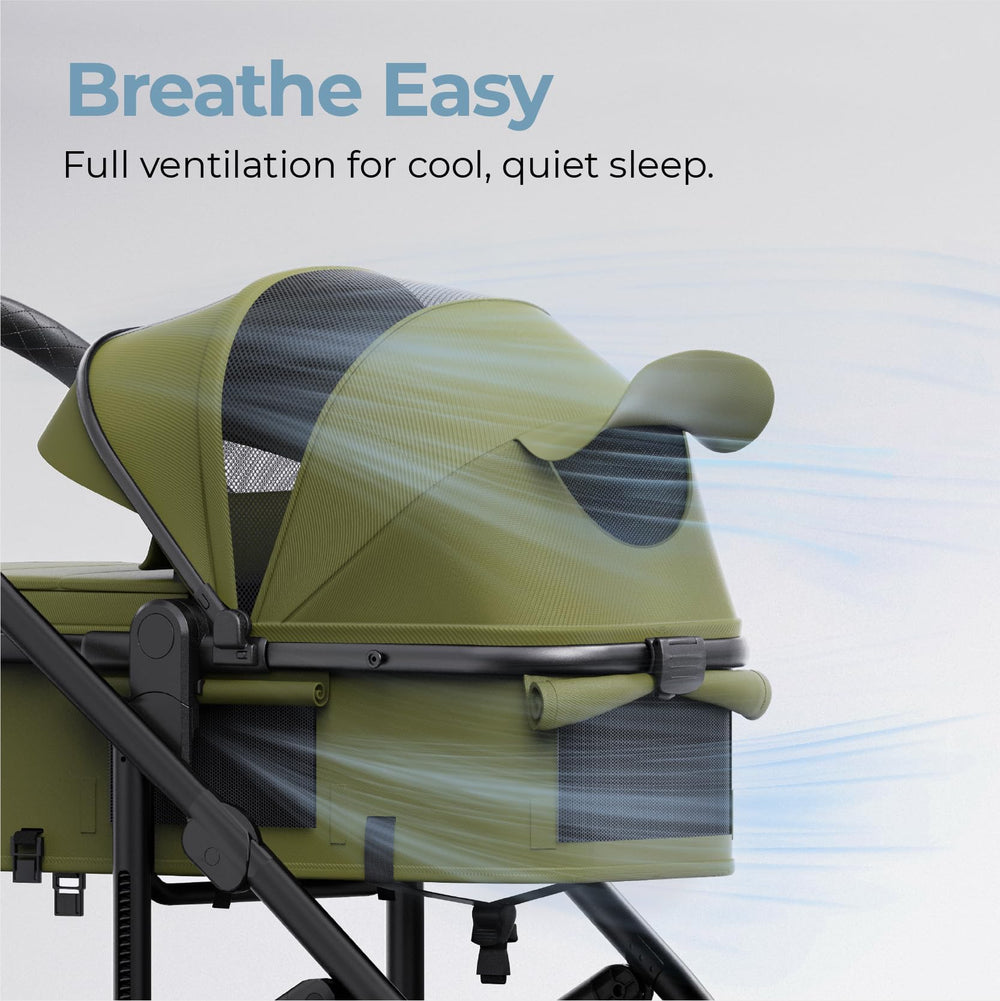 The newyoo Nestro 516M zip-out canopy with ventilation panels shields from sun while promoting airflow.