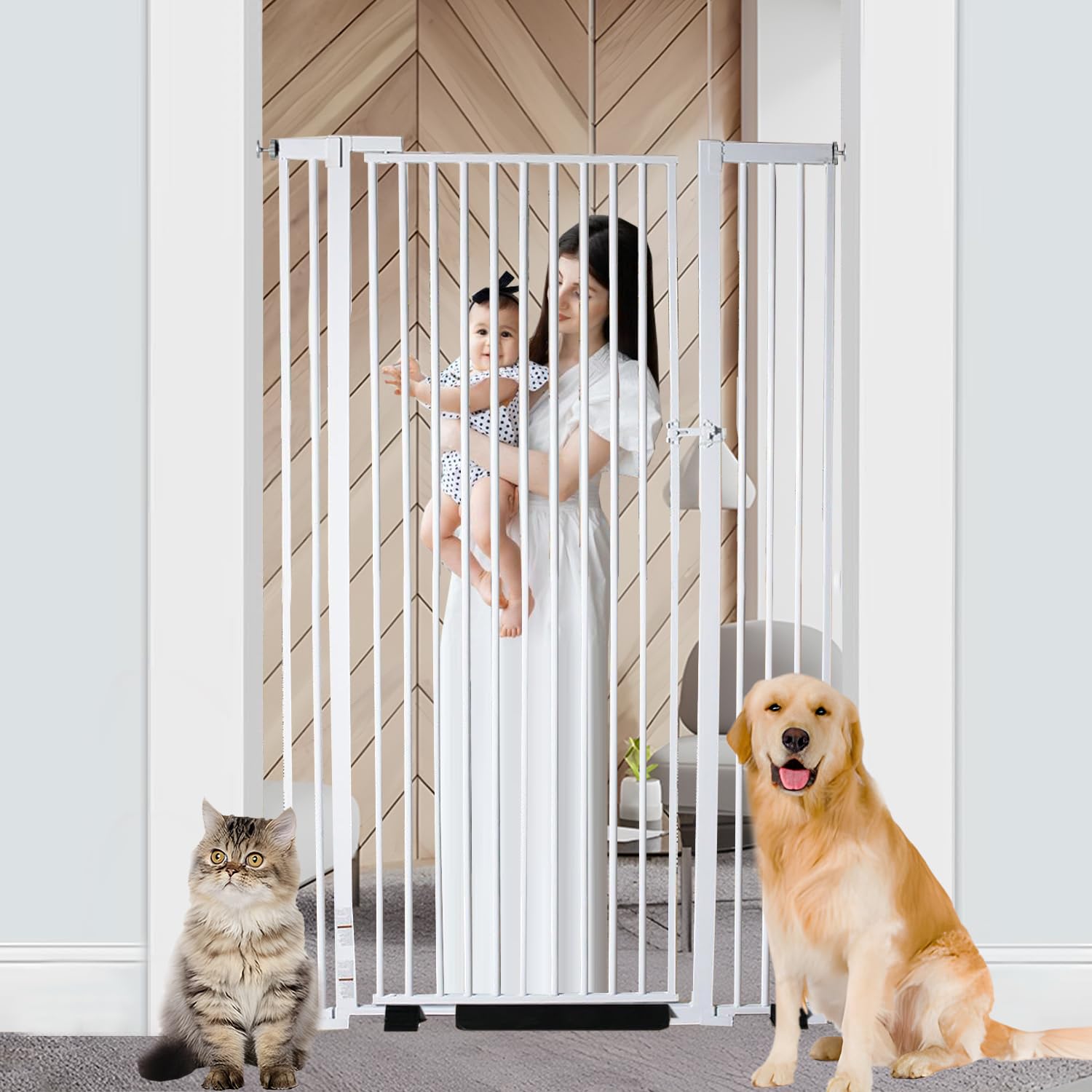 NexusSmash 55.1-inch extra tall cat gate in white blocks jumping.