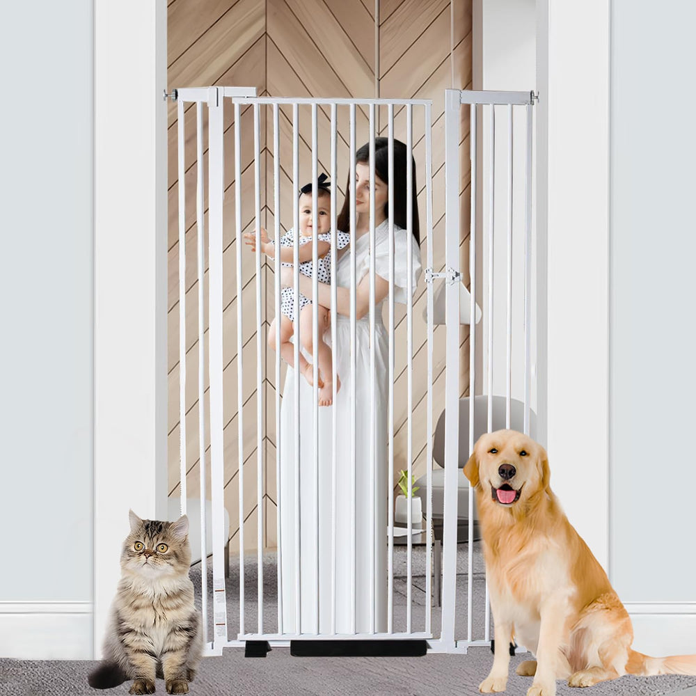 NexusSmash 55.1-inch extra tall cat gate in white blocks jumping.