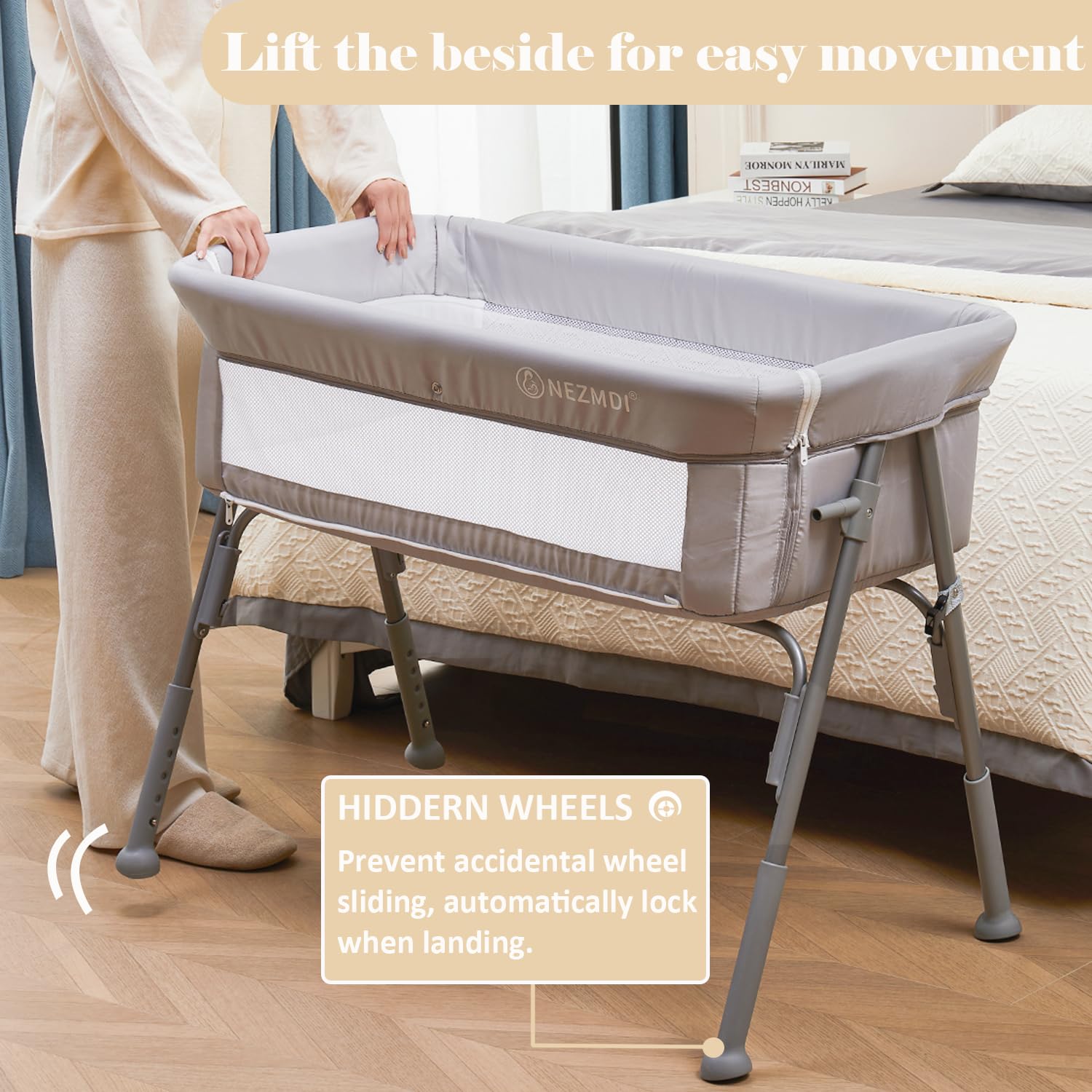 Nezmdi bassinet 4-wheel system glides smoothly and auto-locks for safety