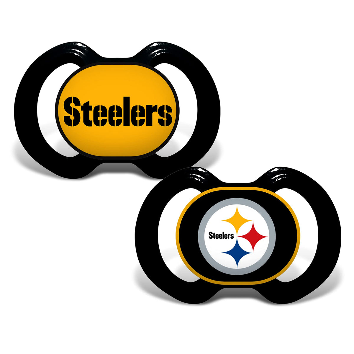 NFL Baby Fanatic pacifier set featuring Steelers logo for game-day style with BPA-free safety.